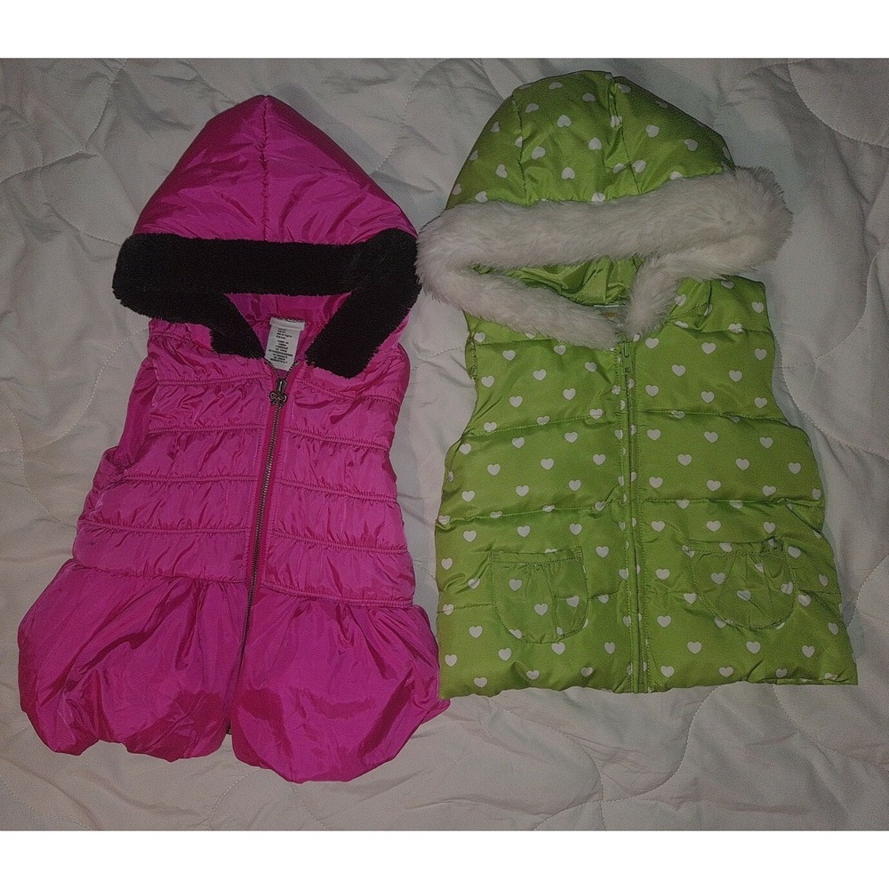 Gymboree & Tuffy Wicket Girls Puffer Vest Bundle Size 4-5T Pink Green Hearts 2pc